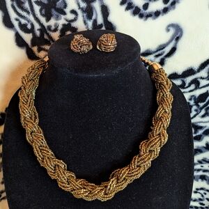 Elegant Gold Seed Beaded Necklace and Earring Set Clip On